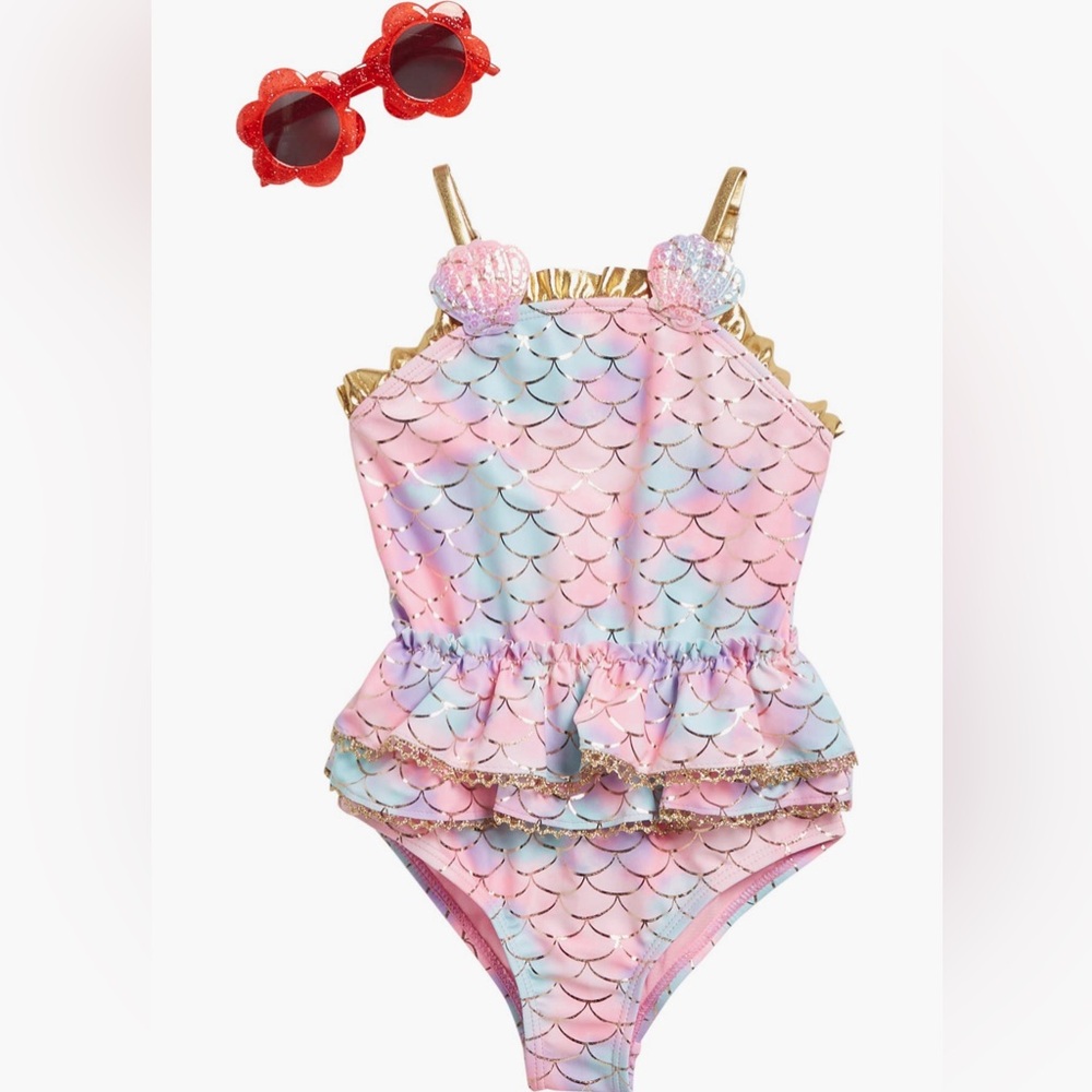 BMagical kids’ mermaid ruffle one-piece swimsuit & sunglasses set NWT size 6X